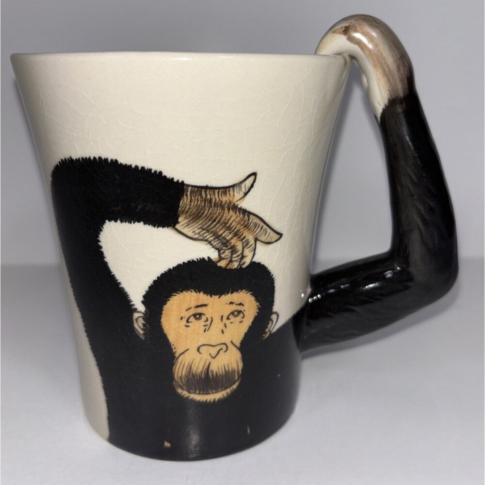 Pier 1 Imports Handpainted Chimpanzee Monkey Ape Mug Cup w/ Arm Handle 16 oz GUC